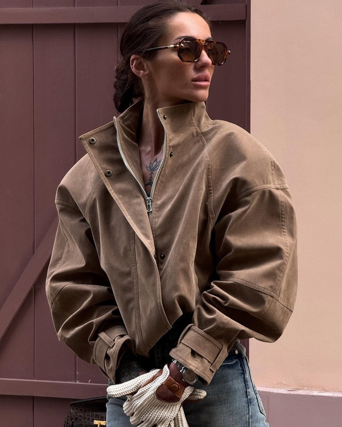Chaqueta de ante sintético con cremallera Linda