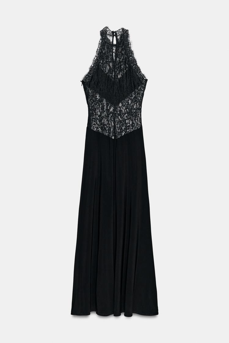 Maxivestido de encaje semitransparente con escote halter Lindsay