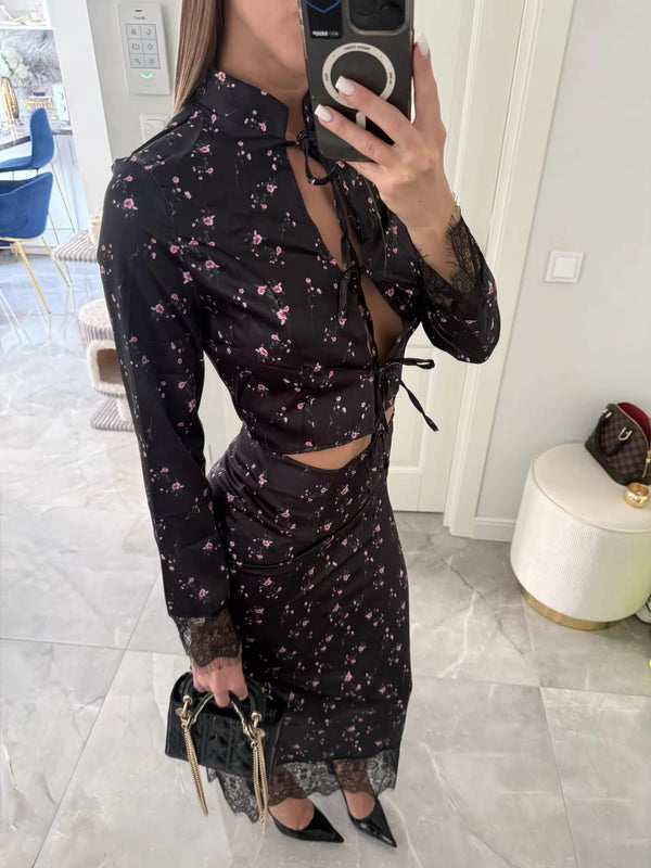Conjunto de top floral calado con ribete de encaje y falda larga Lisa