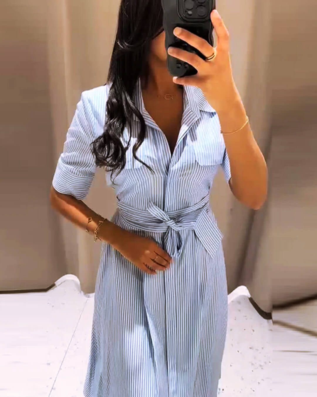 Vestido largo a rayas con cuello de cordones Liv