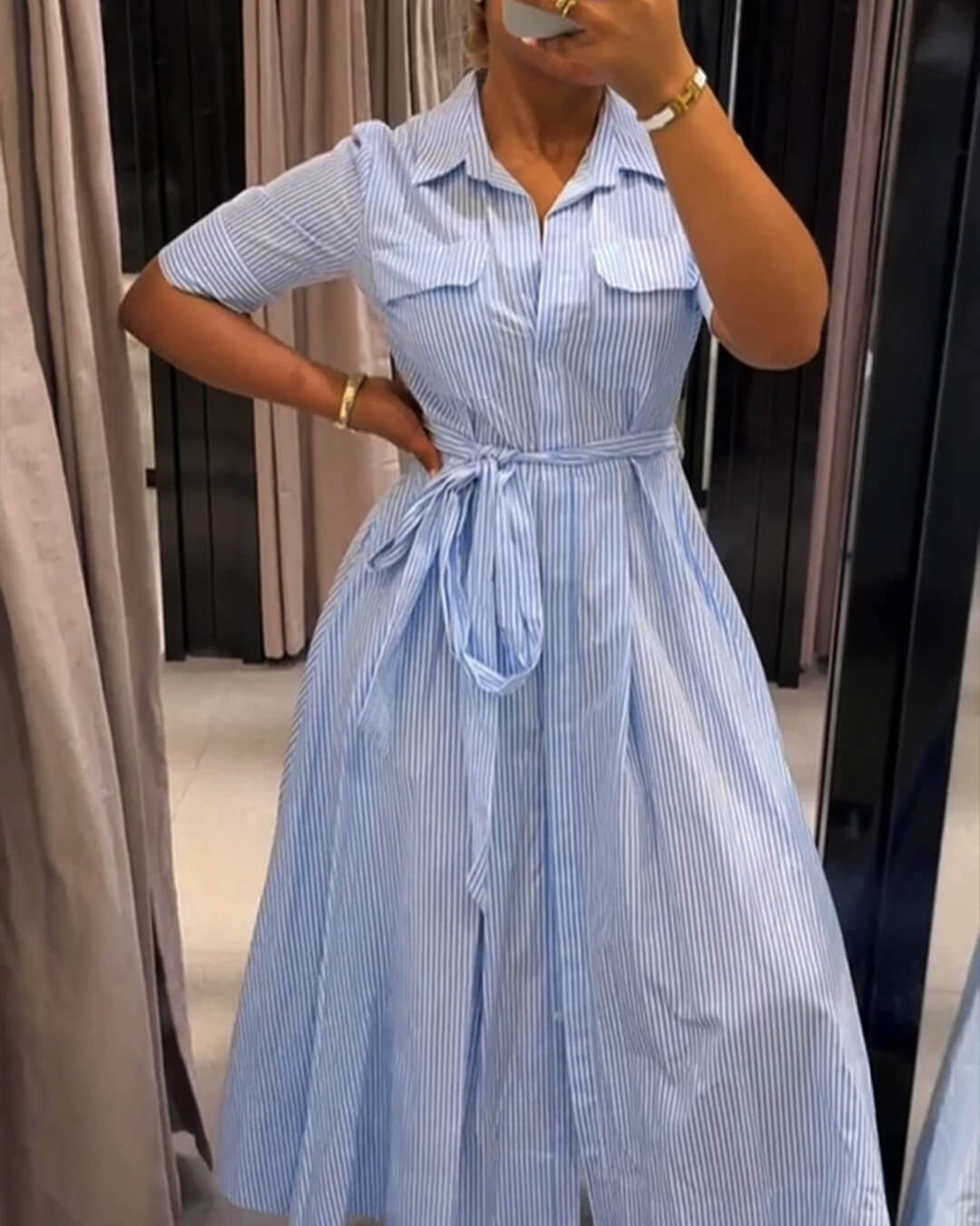 Vestido largo a rayas con cuello de cordones Liv