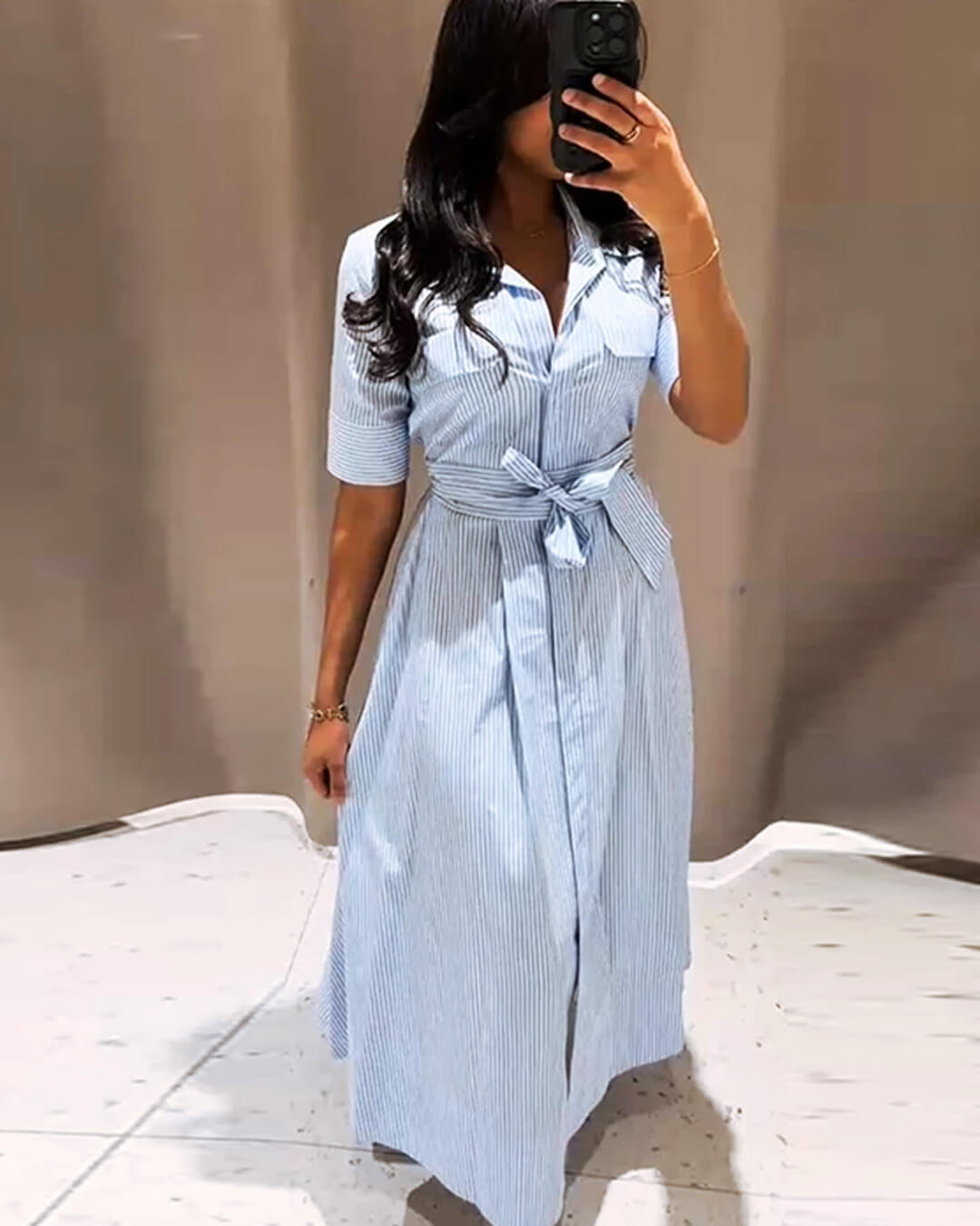 Vestido largo a rayas con cuello de cordones Liv