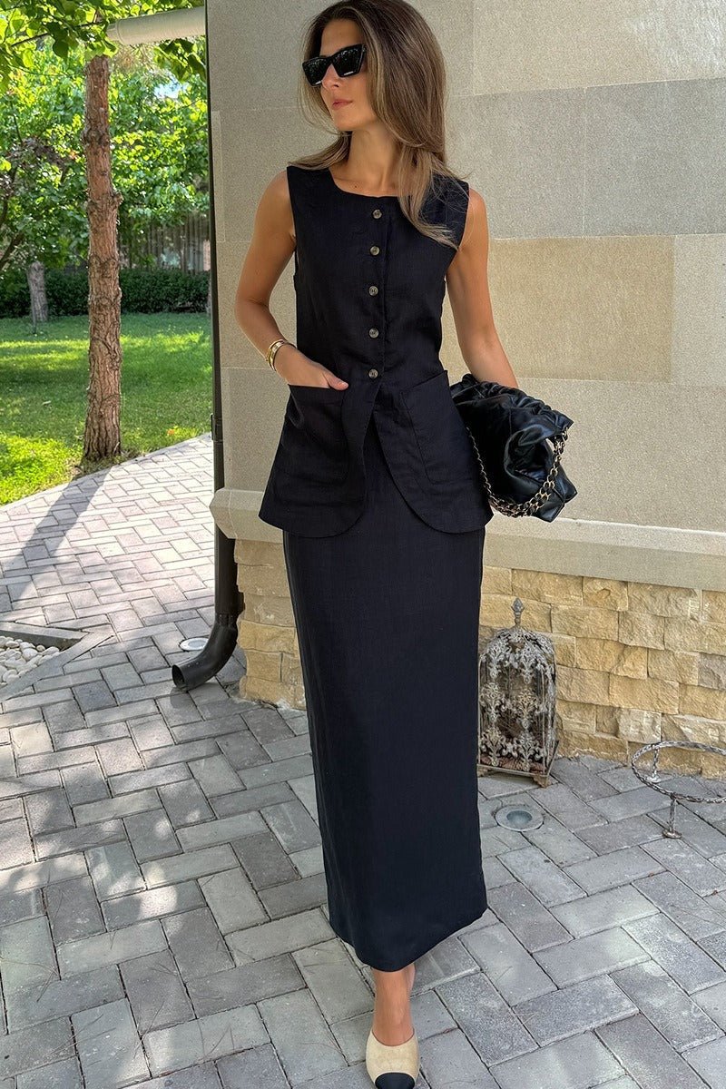 Conjunto Lorelei de chaleco de lino y falda de talle alto
