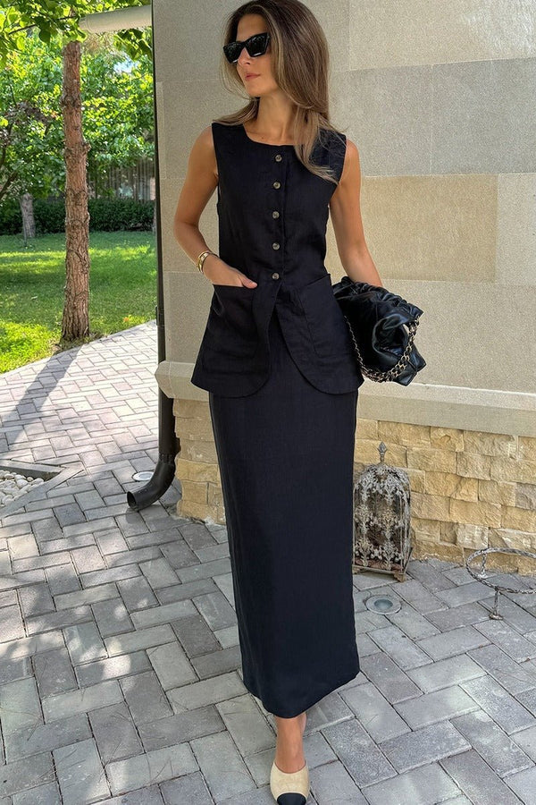 Conjunto Lorelei de chaleco de lino y falda de talle alto