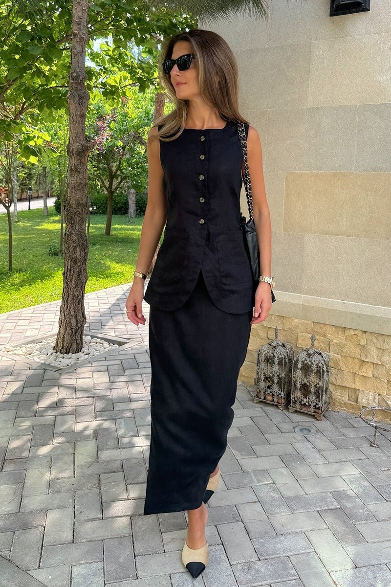 Conjunto Lorelei de chaleco de lino y falda de talle alto