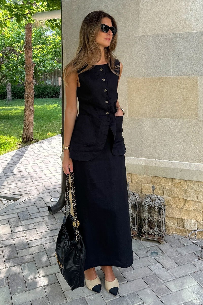 Conjunto Lorelei de chaleco de lino y falda de talle alto