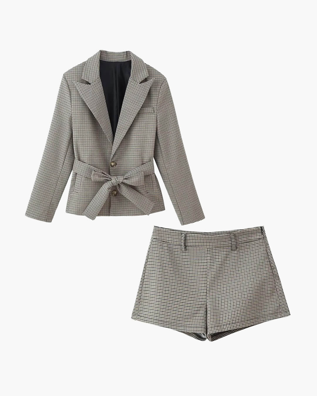 Traje de shorts con cinturón y estampado de pata de gallo Lucy