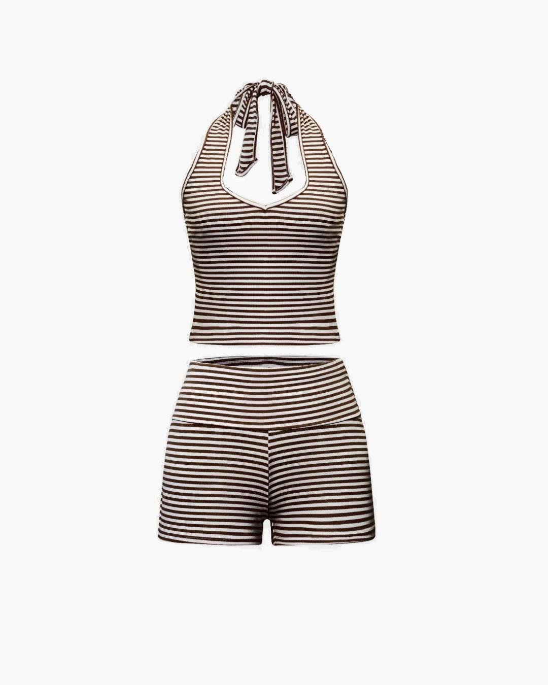 Conjunto de camiseta sin mangas de cuello halter y pantalones cortos a rayas Lucy