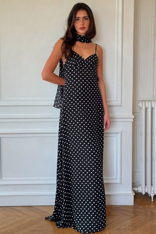 Vestido largo Madeline de lunares descubierto por la espalda