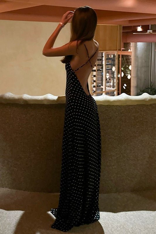 Vestido largo Madeline de lunares descubierto por la espalda