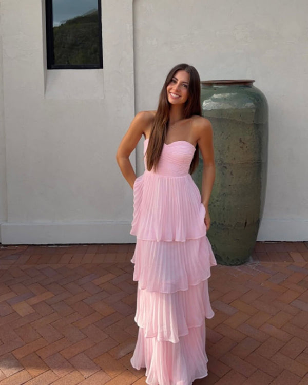 Vestido largo plisado y escalonado sin tirantes Michelle