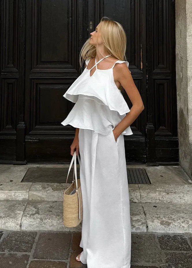 Conjunto de top fluido con volantes y pantalones de pierna ancha Mila
