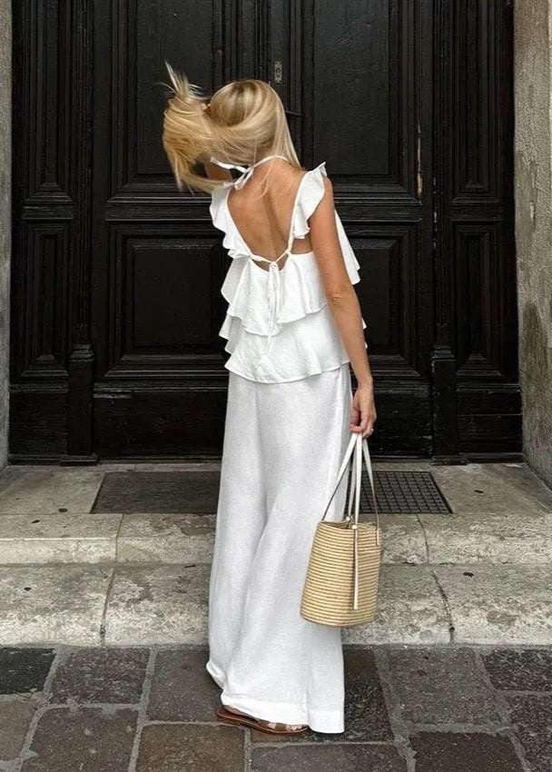 Conjunto de top fluido con volantes y pantalones de pierna ancha Mila