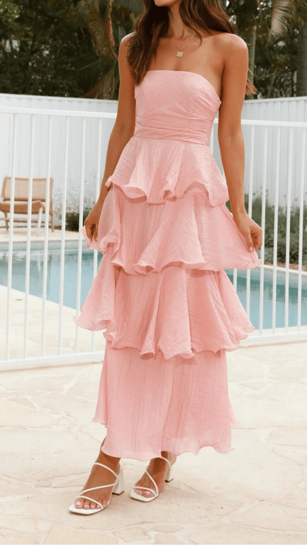 Vestido Miranda sin tirantes con capas de volantes