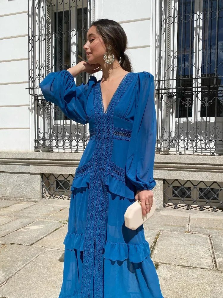 Vestido maxi con volantes y escote de pico pronunciado Molly