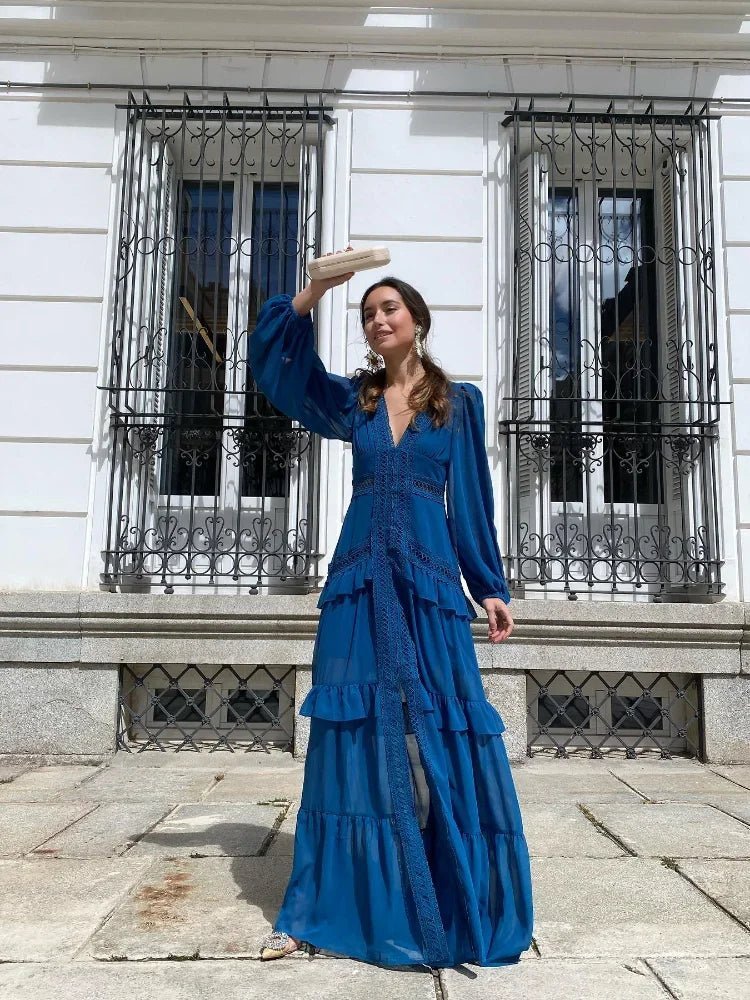 Vestido maxi con volantes y escote de pico pronunciado Molly