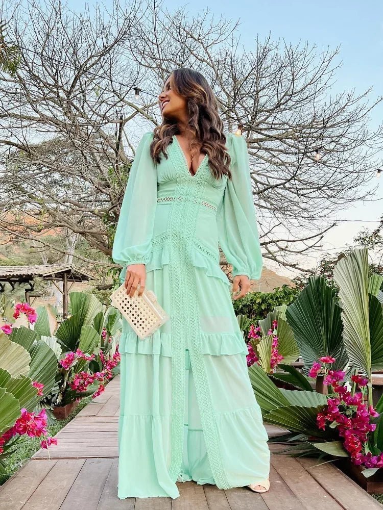 Vestido maxi con volantes y escote de pico pronunciado Molly