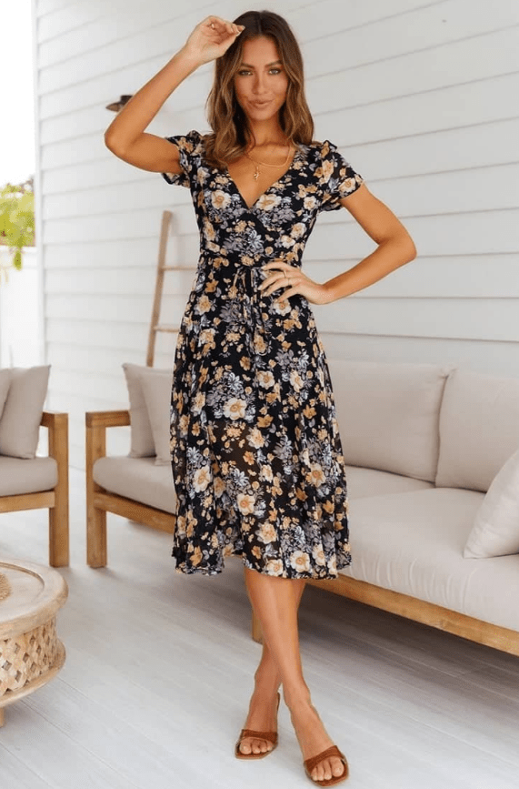 Vestido midi Mona floral con escote en V