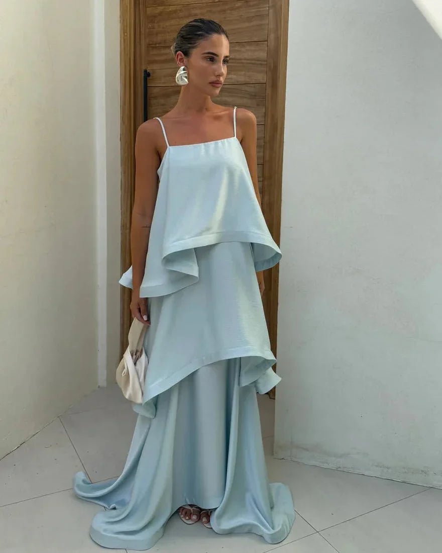 Vestido largo de satén con volantes escalonados Nadia