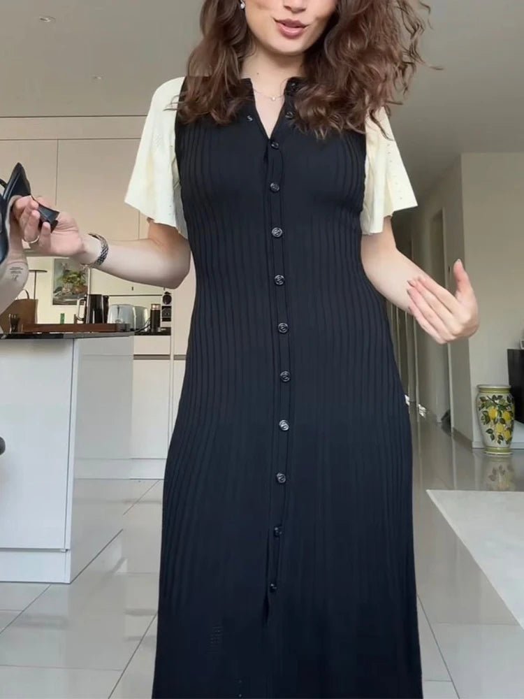 Vestido midi de punto plisado Ninon con mangas acampanadas