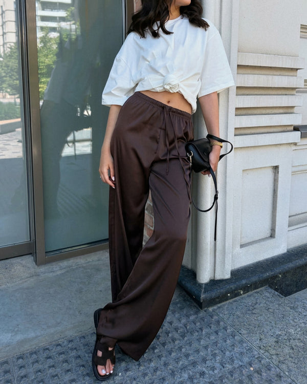 Pantalones Norma de satén, cintura alta y pierna ancha