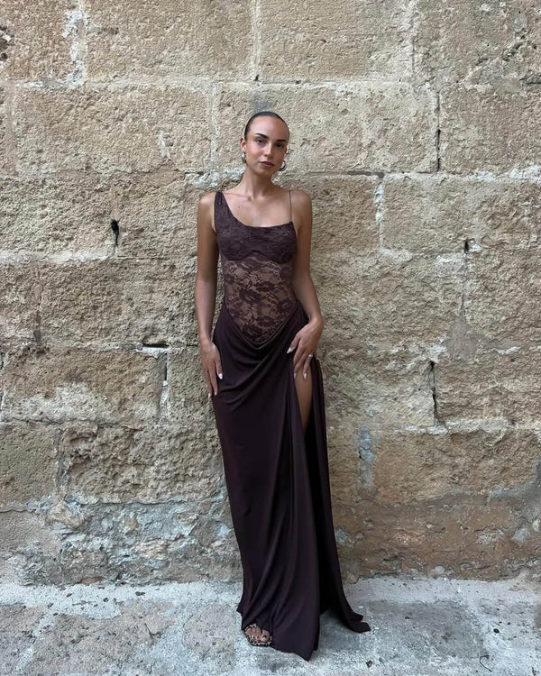 Vestido largo de encaje de un solo hombro Olga