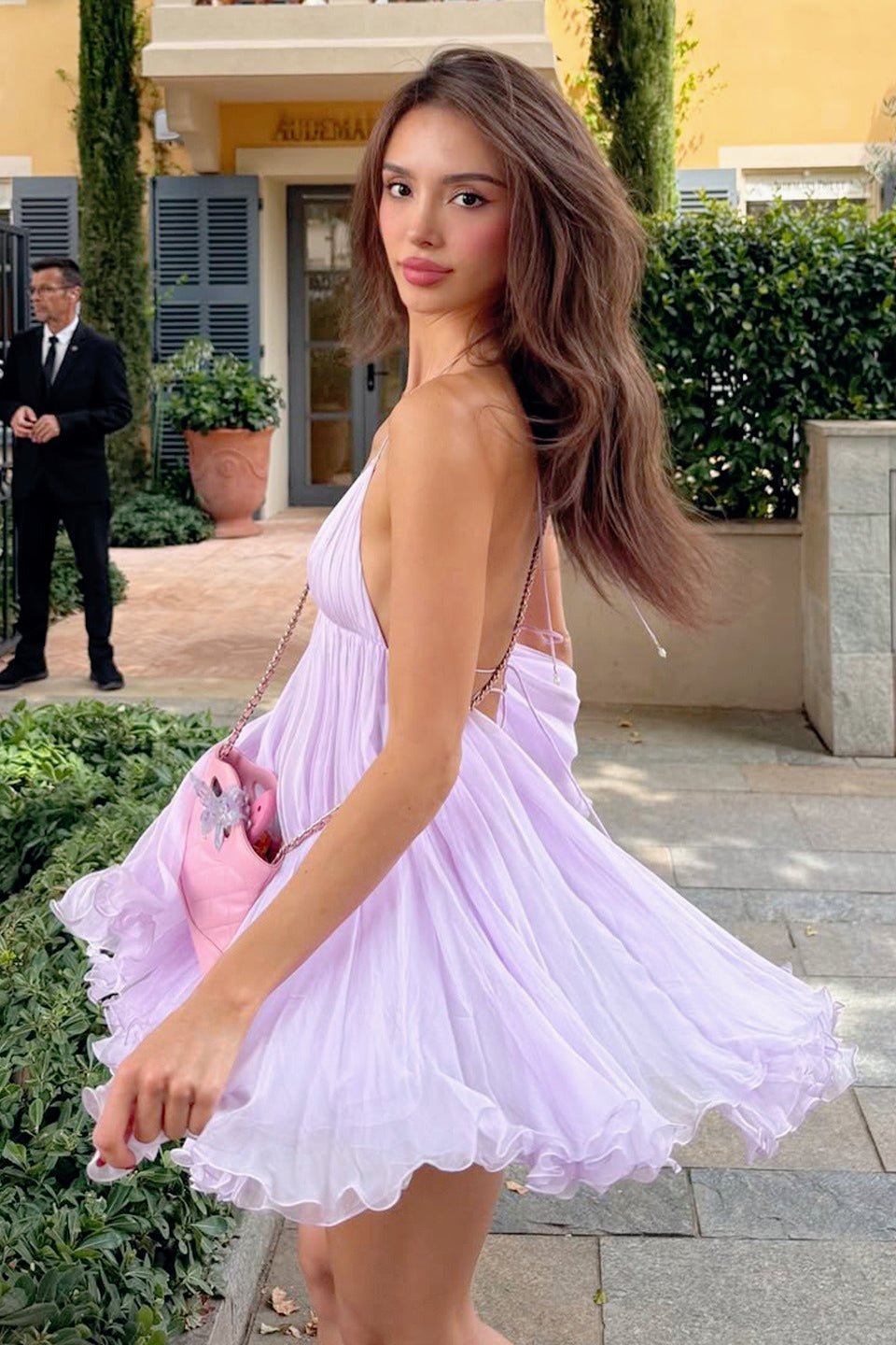 Priscilla Deep Neck Backless Mini Dress