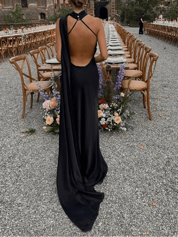 Vestido de noche Raisa de satén con lazo y espalda descubierta