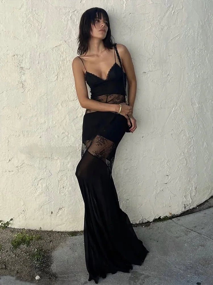 Vestido largo lencero de encaje semitransparente Ravenna