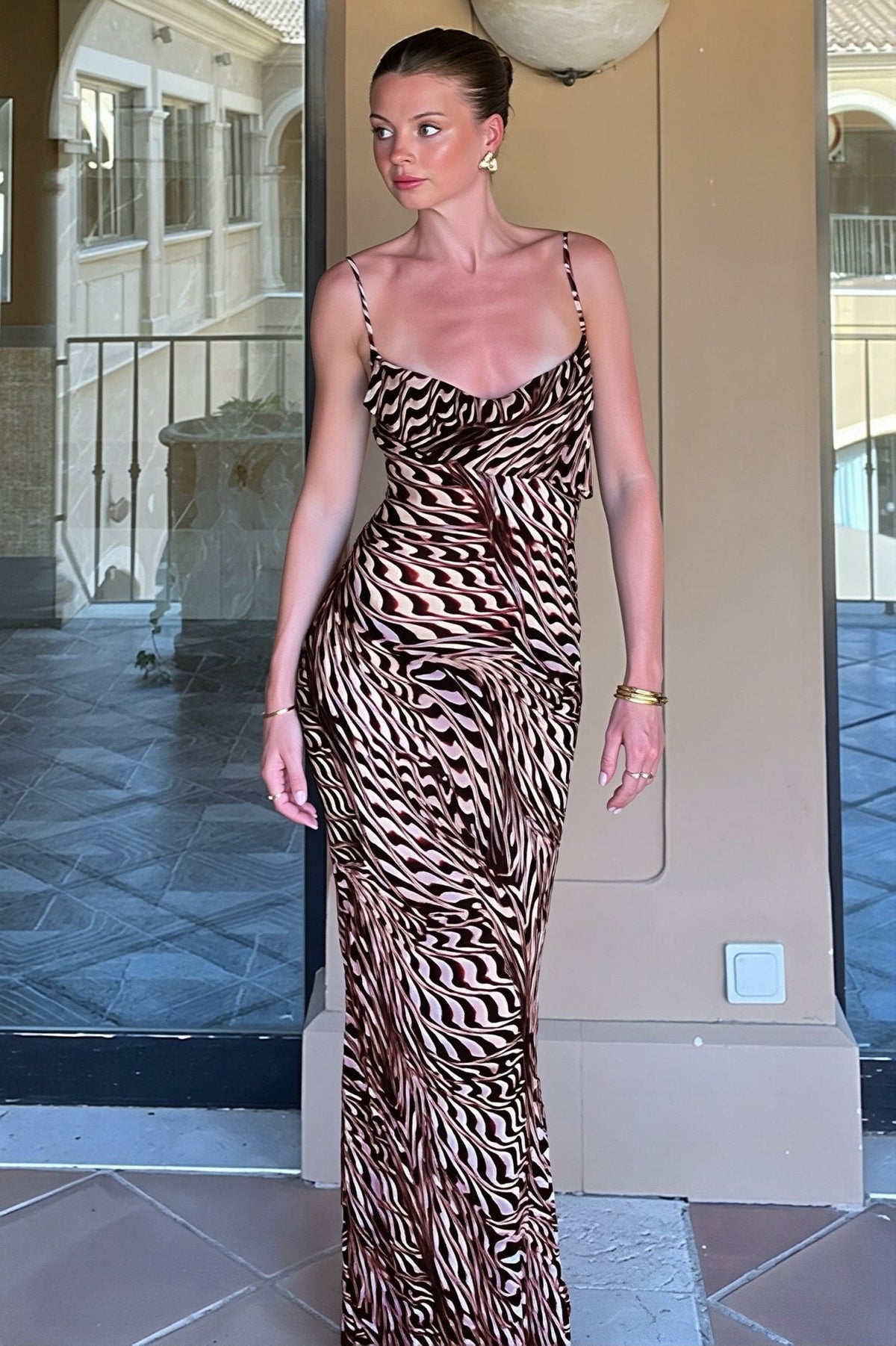 Vestido largo lencero con escote drapeado Reina