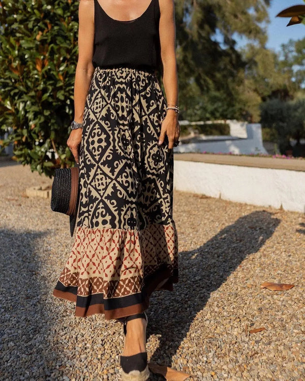 Falda midi evasé Rhea de estilo bohemio con estampado