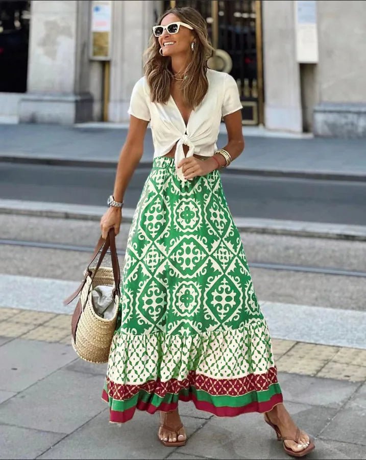 Rhea Boho Printed Midi Swing Skirt