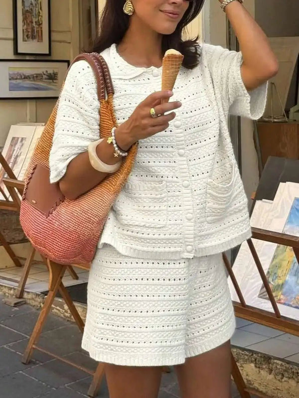 Conjunto Sasha de cárdigan y shorts de punto liso