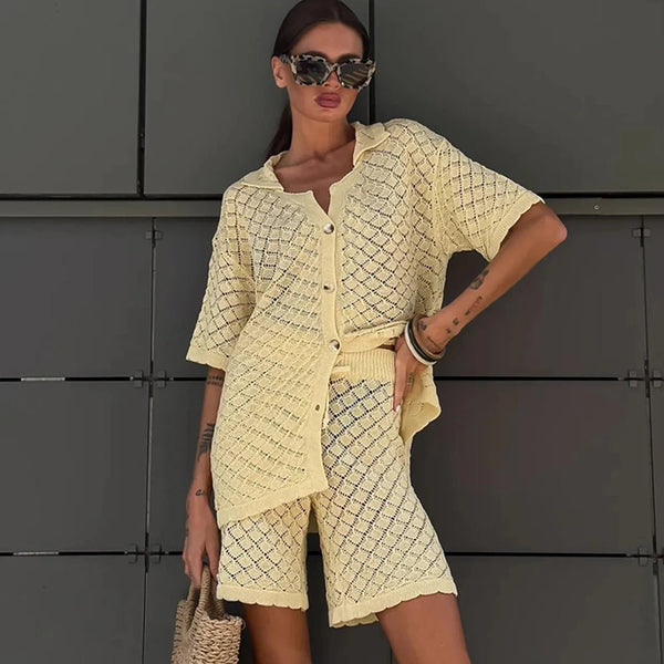 Conjunto de cárdigan de punto y shorts Selene
