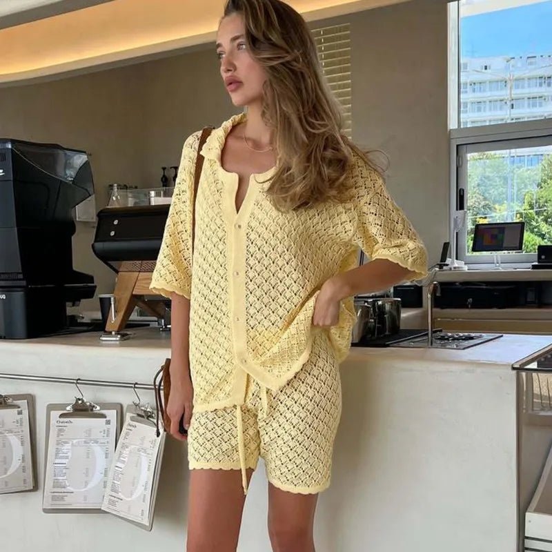 Conjunto de cárdigan de punto y shorts Selene