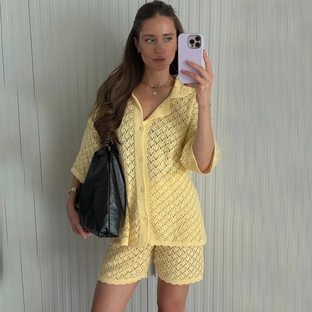 Conjunto de cárdigan de punto y shorts Selene