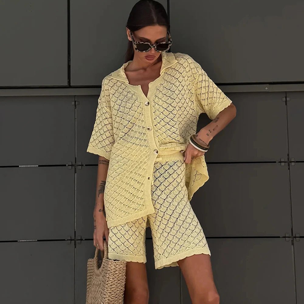 Conjunto de cárdigan de punto y shorts Selene