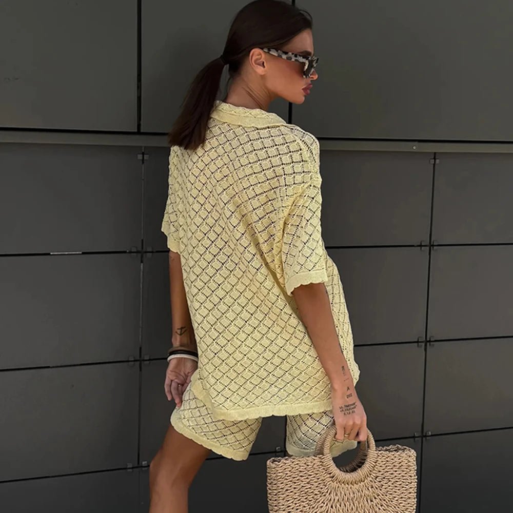 Conjunto de cárdigan de punto y shorts Selene