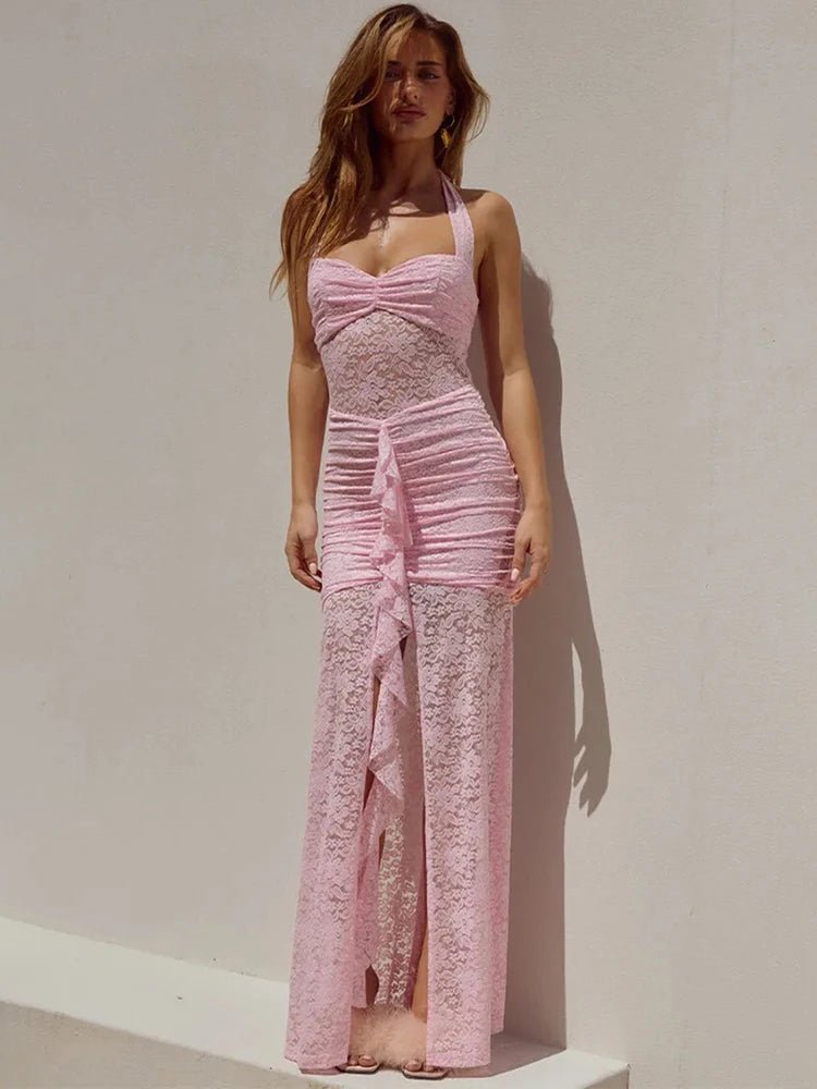 Vestido largo halter drapeado de encaje Selene