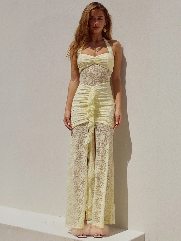 Vestido largo halter drapeado de encaje Selene