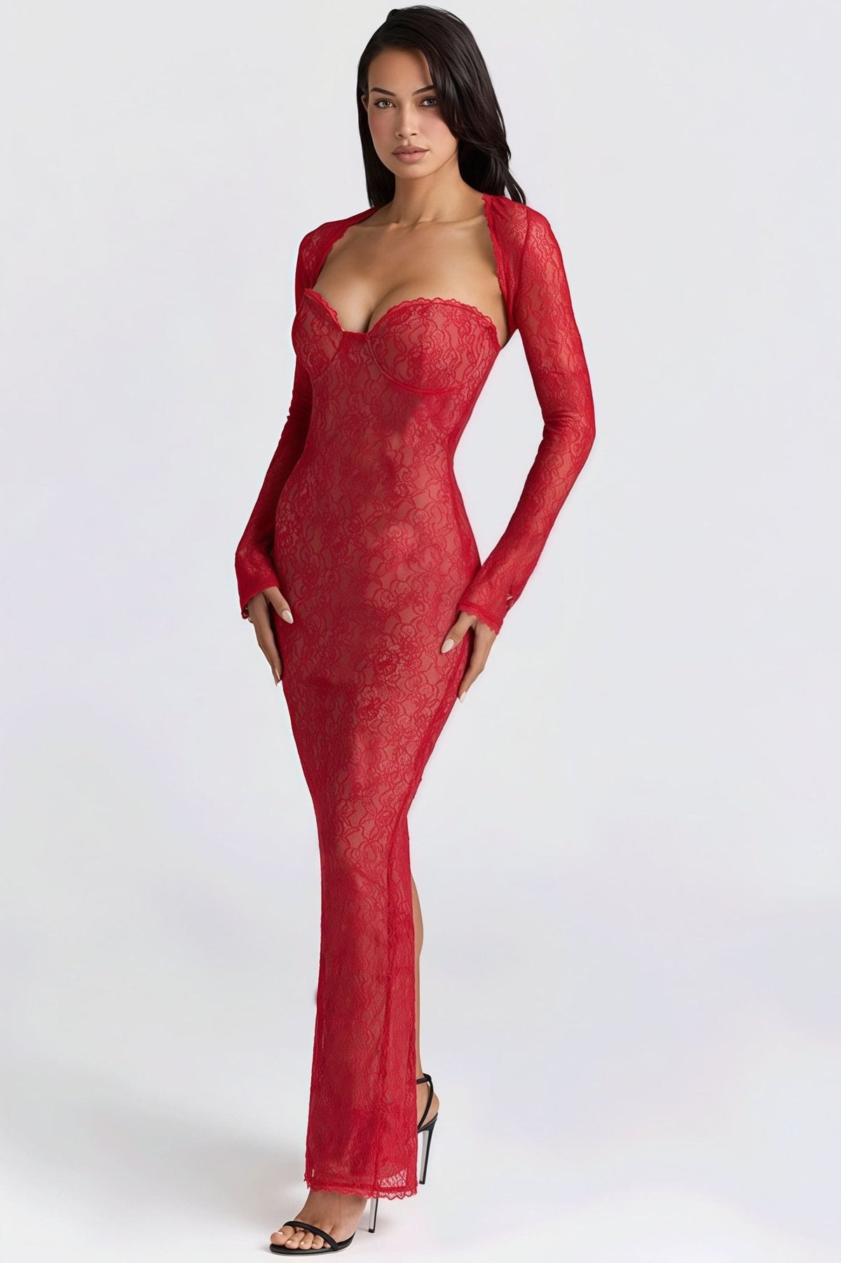 Vestido largo bandeau de encaje transparente Senna