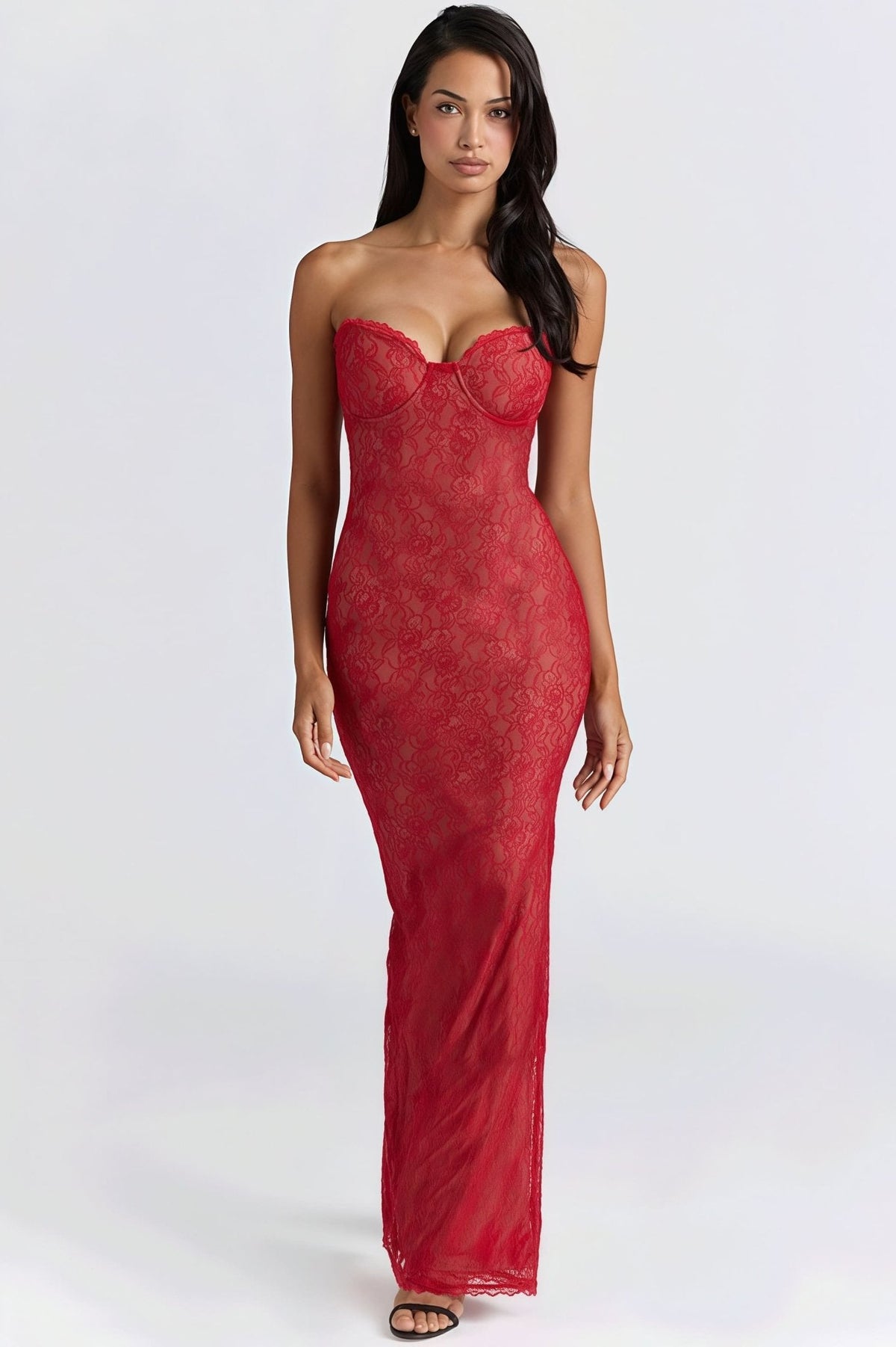 Vestido largo bandeau de encaje transparente Senna