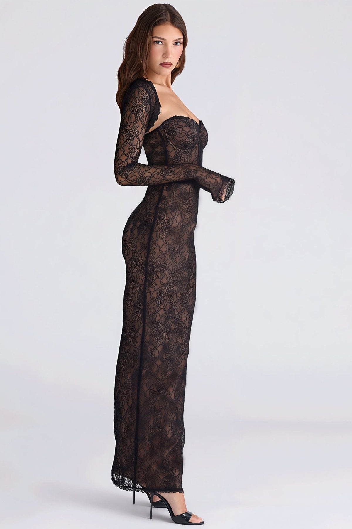 Vestido largo bandeau de encaje transparente Senna
