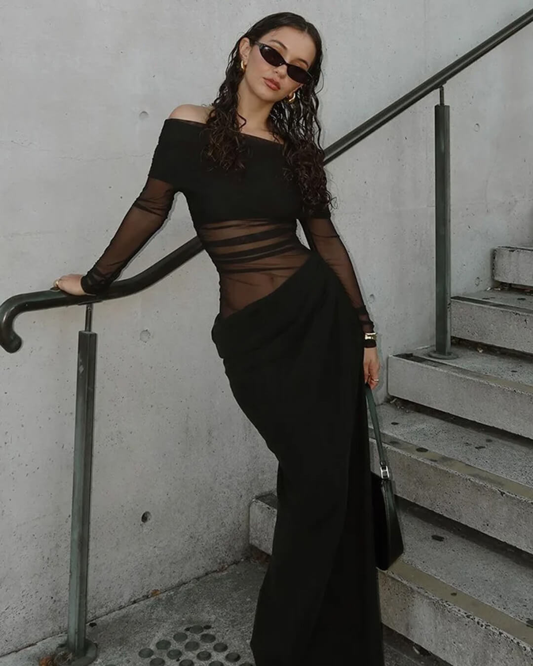 Vestido maxi de malla fruncida Shiela