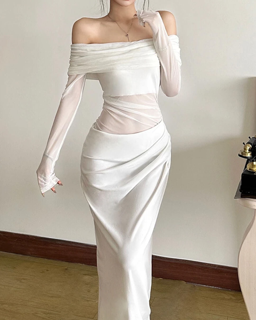 Vestido maxi de malla fruncida Shiela