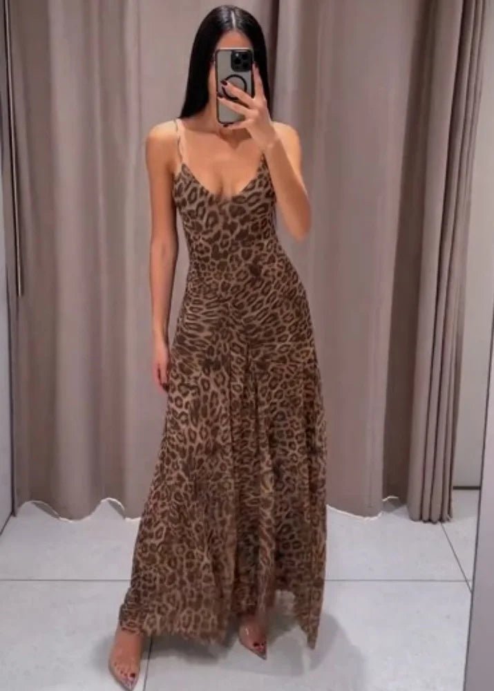 Vestido largo de tirantes con estampado de leopardo Sienna