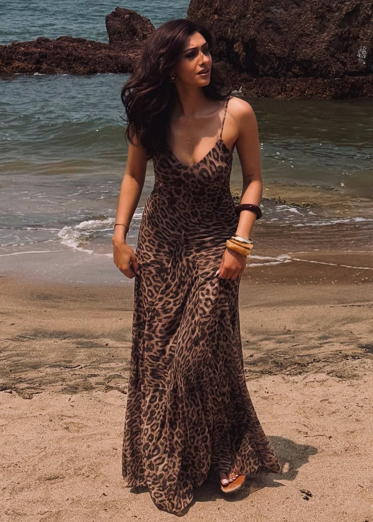 Vestido largo de tirantes con estampado de leopardo Sienna