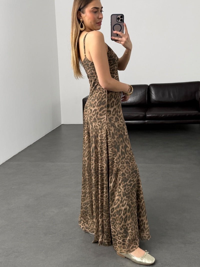 Vestido largo de tirantes con estampado de leopardo Sienna