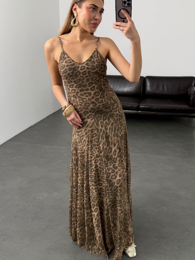 Vestido largo de tirantes con estampado de leopardo Sienna