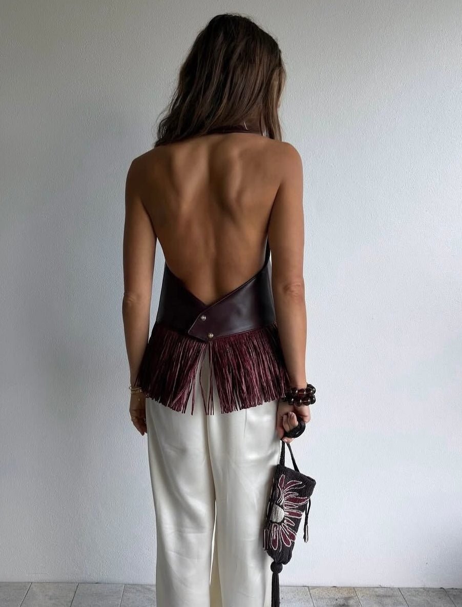 Top halter con flecos de piel sintética Sierra